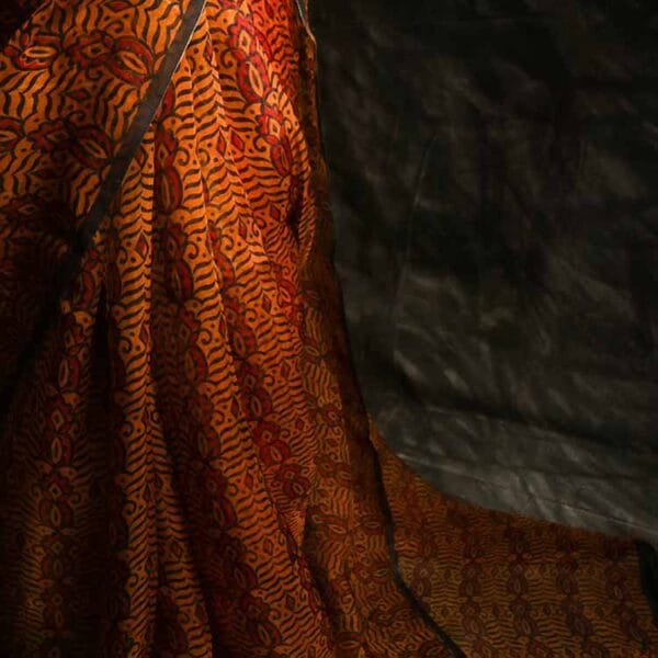 fhygkj-3 Pure Apricot and Black Handloom Organza Silk Saree