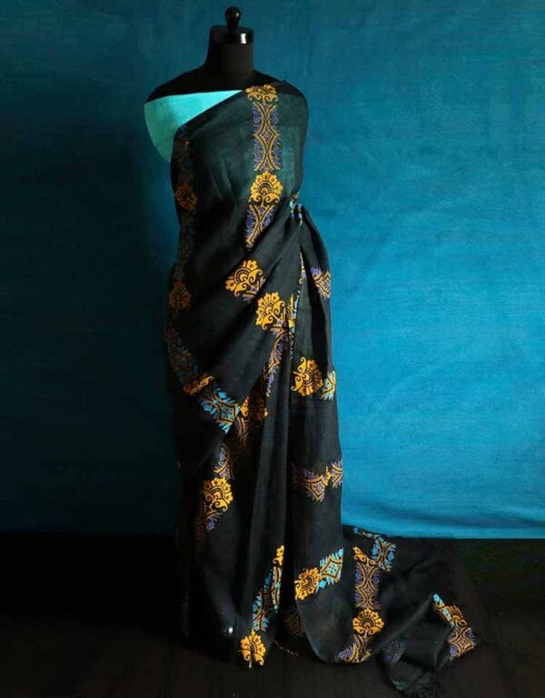 frgjsrylsyr-2 Pure Hand Block Printed Linen Saree