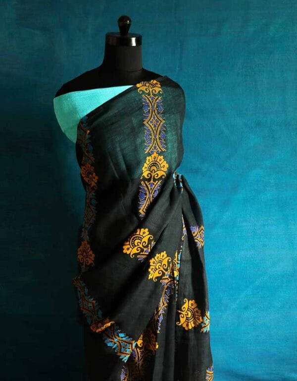 frgjsrylsyr-3 Pure Hand Block Printed Linen Saree