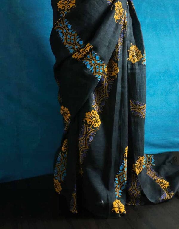 frgjsrylsyr-4 Pure Hand Block Printed Linen Saree