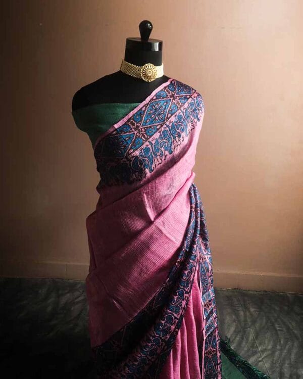 fyjk-1 Handloom Hand Block Printed Pink Tussar Silk Saree