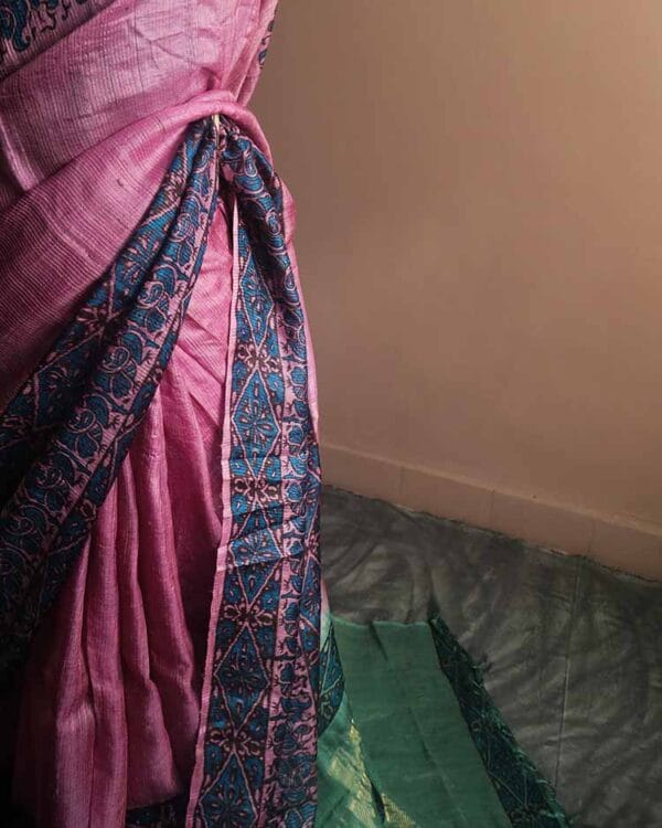 fyjk-3 Handloom Hand Block Printed Pink Tussar Silk Saree