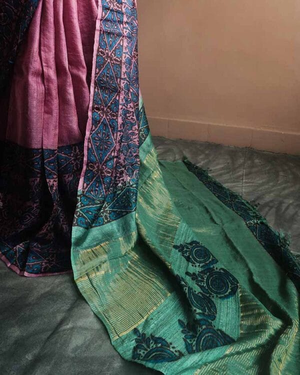 fyjk-4 Handloom Hand Block Printed Pink Tussar Silk Saree