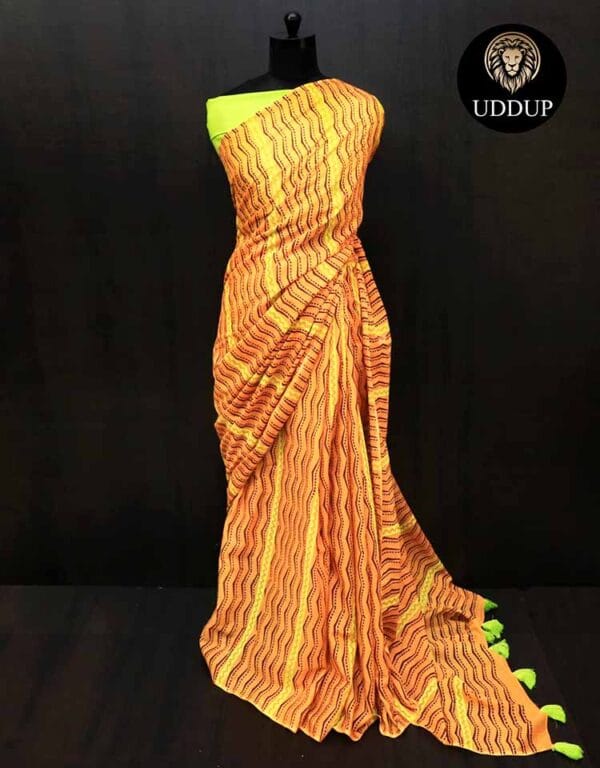 kizede-1 Orange Hand Block Printed Mul Cotton Saree