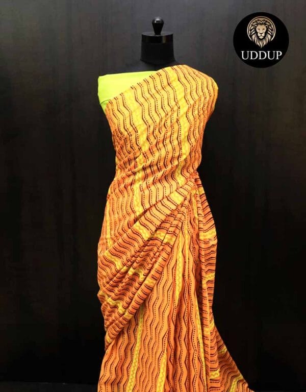 kizede-2 Orange Hand Block Printed Mul Cotton Saree
