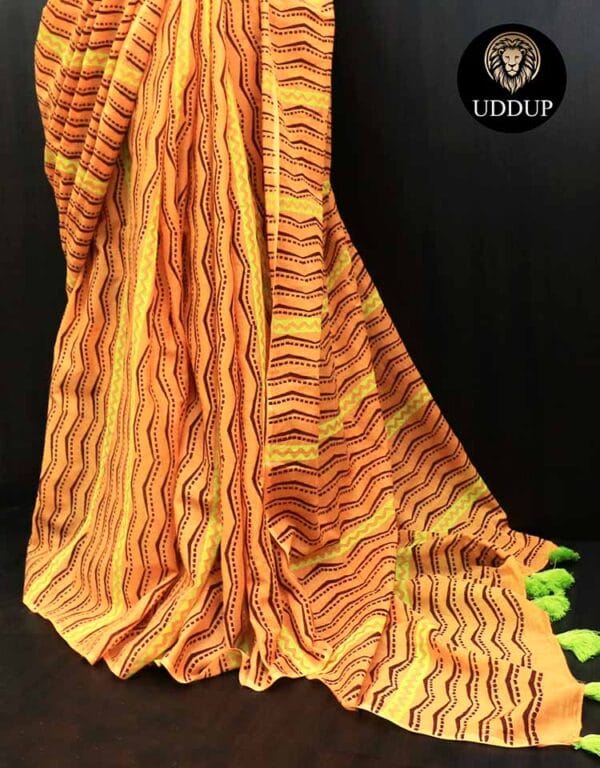kizede-4 Orange Hand Block Printed Mul Cotton Saree