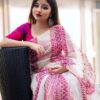 product-jpeg-1 White linen saree with pink prints- Handloom Linen Saree