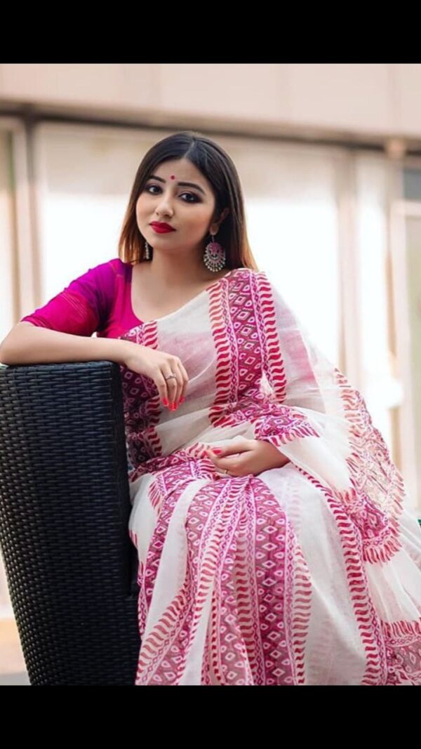 product-jpeg-1 White linen saree with pink prints- Handloom Linen Saree