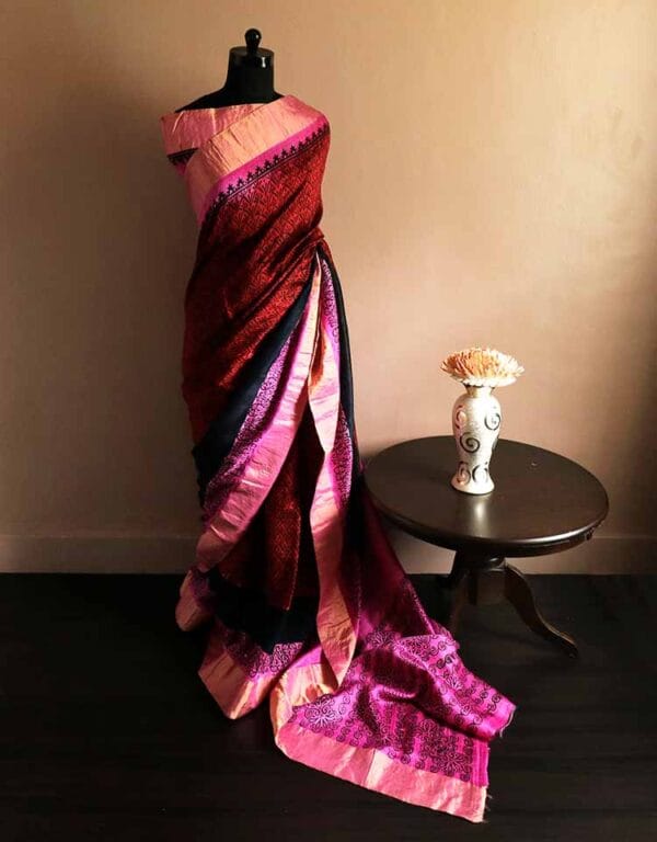 rdytjudr-2 Pure Hand Block Printed Magenta with Black Duppion Silk Sarees