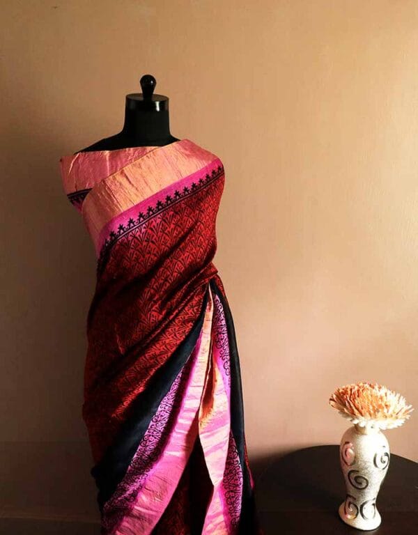 rdytjudr-3 Pure Hand Block Printed Magenta with Black Duppion Silk Sarees