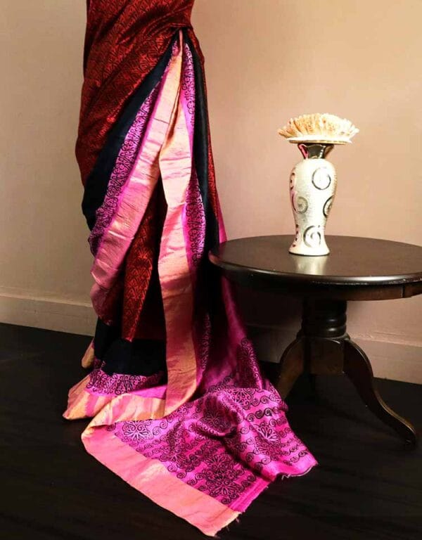 rdytjudr-4 Pure Hand Block Printed Magenta with Black Duppion Silk Sarees