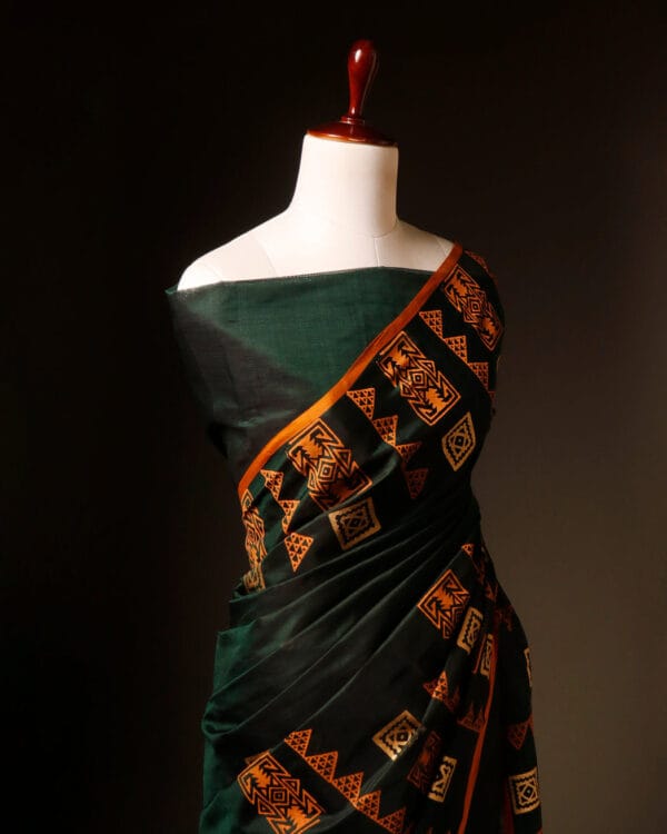 Harmony in Nature Green and Orange Handloom Silk Cotton Saree