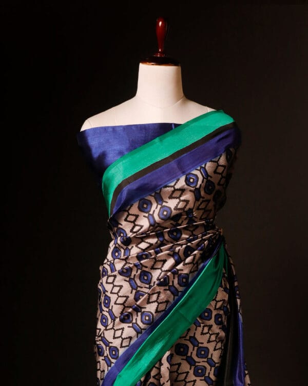 rn-image_picker_lib_temp_3c4799e8-8054-477e-9067-08a4f1aa9e60 Pure Hand block Beige and blue Raw Silk saree