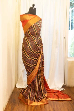 Mystic Sunset Orange and Black Striped Printed Kanchipuram Silk Saree