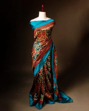 Pure Hand block Printed Floral khaki Raw Silk saree
