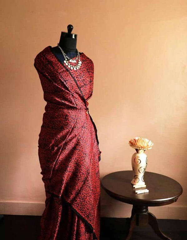 rn-image_picker_lib_temp_6ea0c7c7-c61d-451b-b1da-e4e6f4964612 Pure Hand Block Printed Maroon Desi Tussar Silk Saree