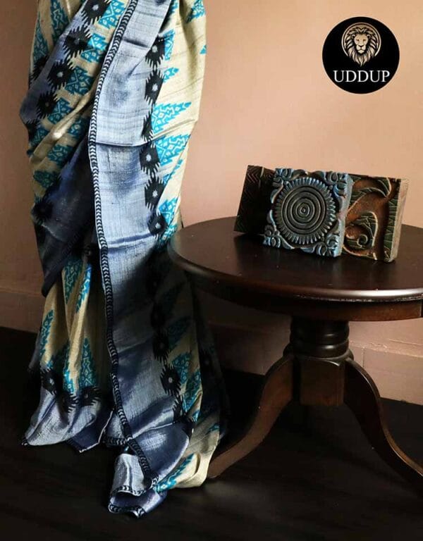 rn-image_picker_lib_temp_79f5d17f-d7f7-4576-97a7-e94b9f68c01d Pure Hand Block Printed Black Desi Tussar Silk Saree