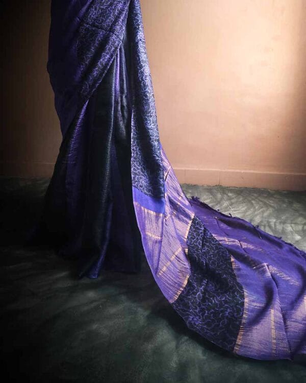 rn-image_picker_lib_temp_967ad433-e5ab-4ef2-b4d5-6a46b96cb6aa Pure Hand Block Printed Line Tussar Saree