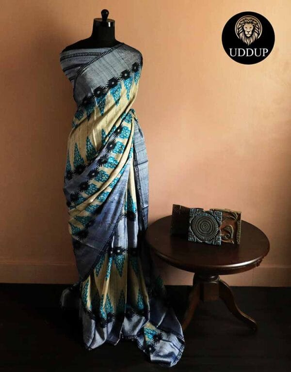 rn-image_picker_lib_temp_9f263a8e-5ac3-42c0-a6af-dc3f92f07854 Pure Hand Block Printed Black Desi Tussar Silk Saree