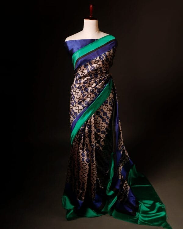 rn-image_picker_lib_temp_ab8bfe40-f53b-4cca-bd79-ef101b28ab70 Pure Hand block Beige and blue Raw Silk saree