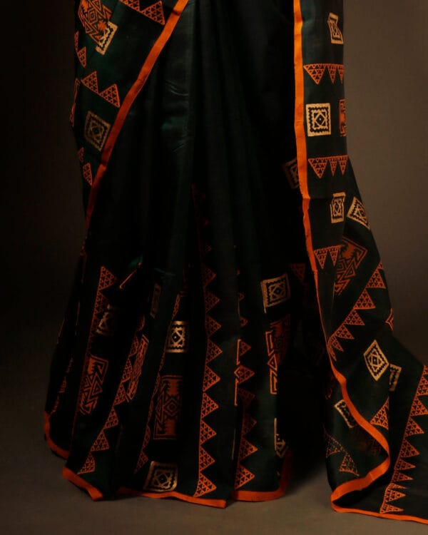 Harmony in Nature Green and Orange Handloom Silk Cotton Saree