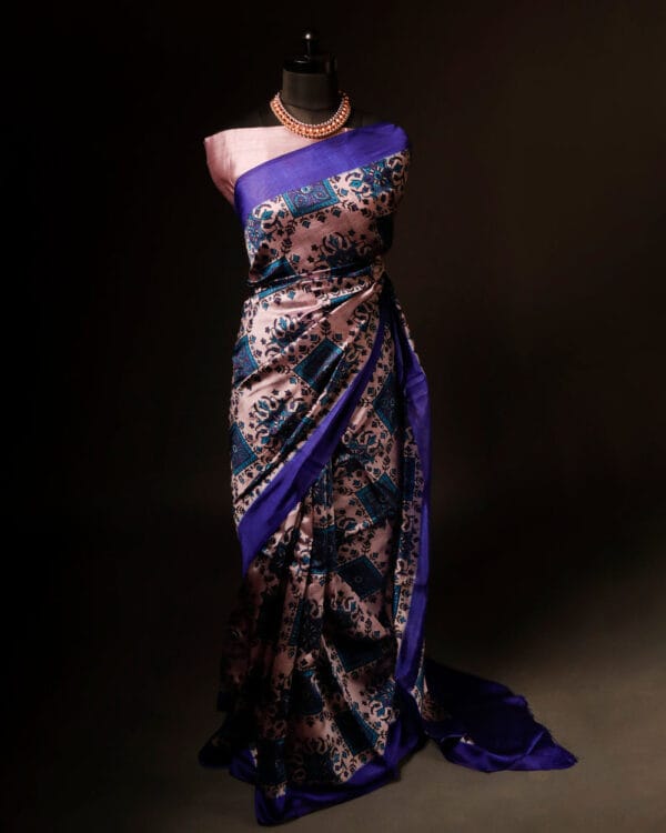 rn-image_picker_lib_temp_d28d14a7-03eb-495c-b5fa-3f8d28ad1318 Pure Hand block Printed Dark Blue Raw Silk saree