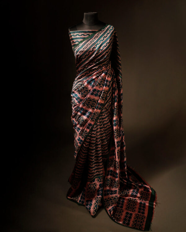 rn-image_picker_lib_temp_e02a39ea-f8d8-4f98-a665-382f0a9dc81f Sage Serenity Green and Beige Printed Pure Raw Silk Saree