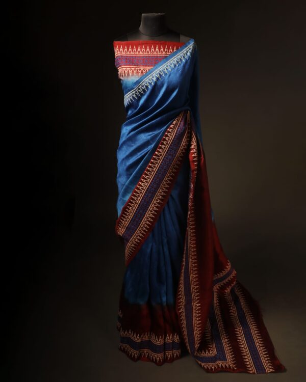 rn-image_picker_lib_temp_e34d8a7c-a8a8-4cb8-b079-9441fc9b5658 Tranquil Indigo Blue and Brown Pure Dupion Silk Saree