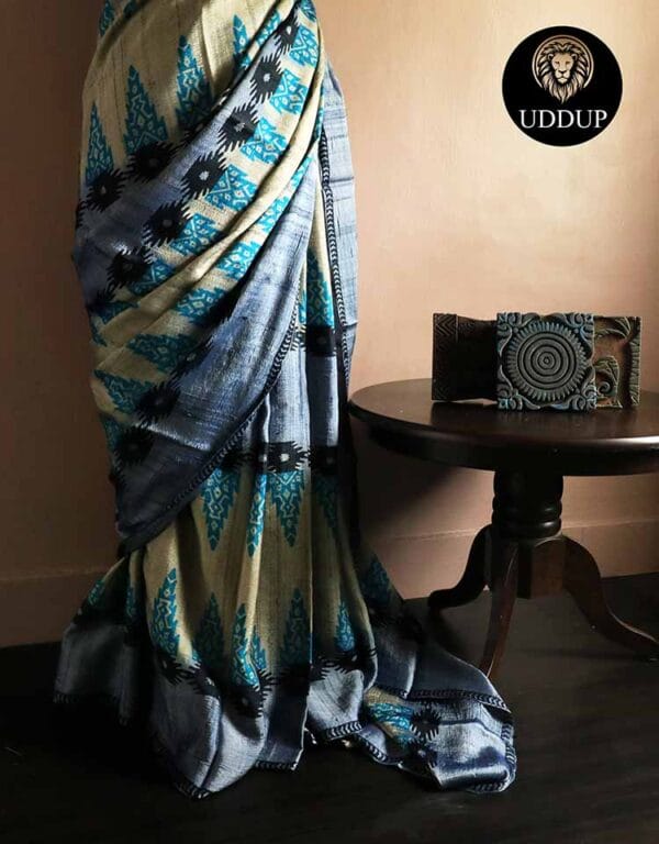 rn-image_picker_lib_temp_e49d0ca8-94d9-4a6c-a292-8e6fa2703e57 Pure Hand Block Printed Black Desi Tussar Silk Saree