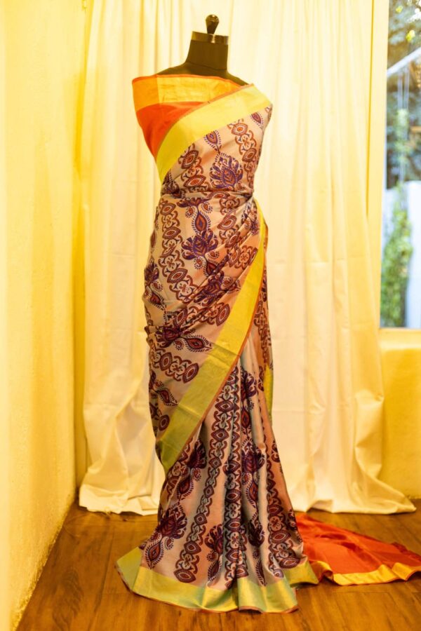 rn-image_picker_lib_temp_fddd2f7c-597b-4e72-aa0e-b9b11224c564 Sunset Bouquet Orange and Pink Printed Kanchipuram Silk Saree