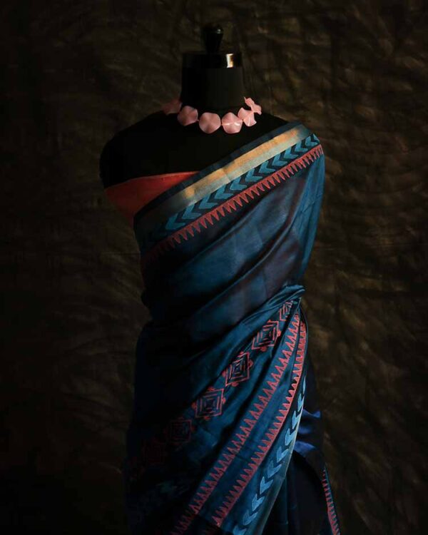 serdhj-1 Pure Handloom Prussian Blue Silk Cotton Saree