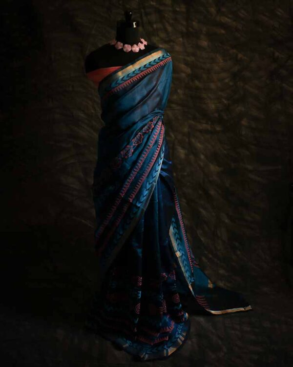 serdhj-2 Pure Handloom Prussian Blue Silk Cotton Saree