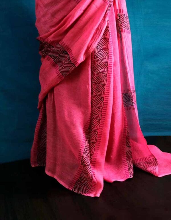 sfhgsrghz-1 Hand Block Pigment Printed Pink Pure Linen Saree