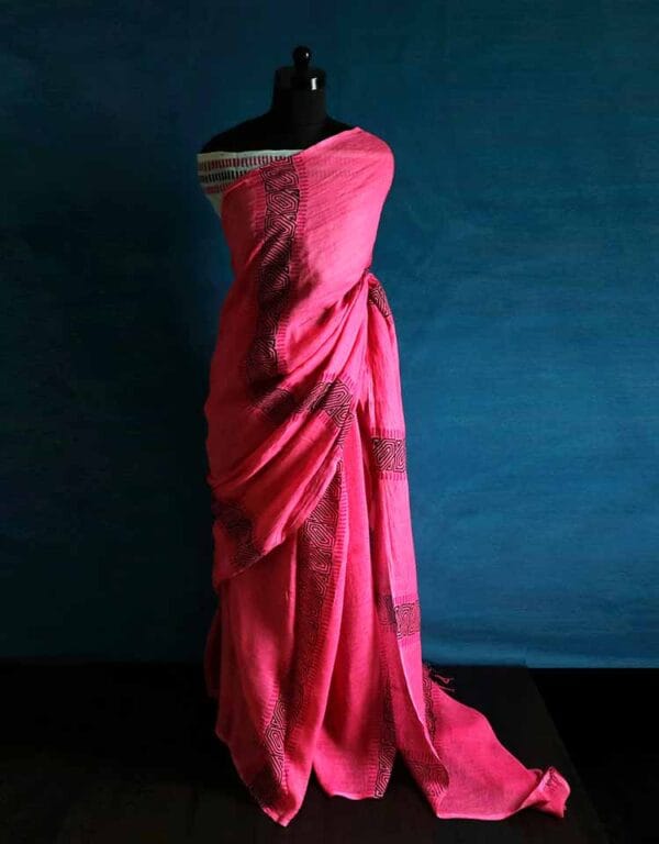 sfhgsrghz-2 Hand Block Pigment Printed Pink Pure Linen Saree