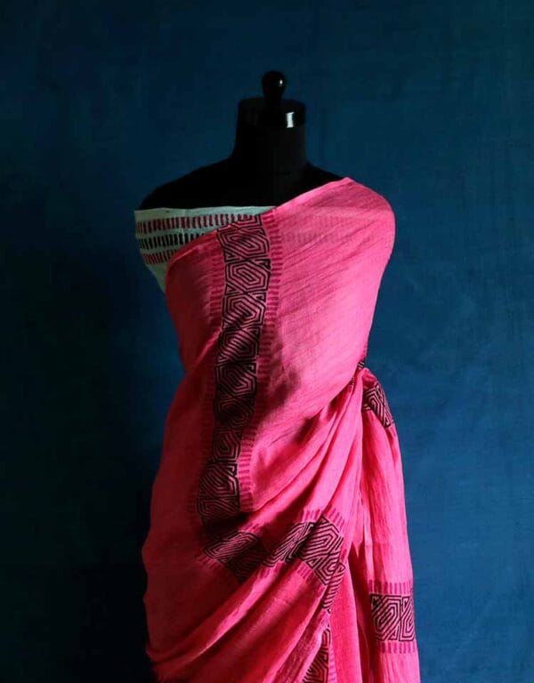 sfhgsrghz-3 Hand Block Pigment Printed Pink Pure Linen Saree