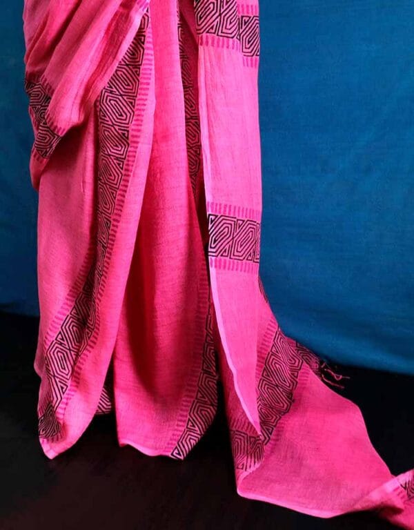 sfhgsrghz-4 Hand Block Pigment Printed Pink Pure Linen Saree