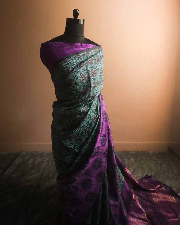 stderh-1 Pure Hand block Printed Purple Line Tussar Saree