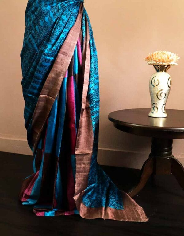 tgjkft-1 Pure Block Printed Desi Tussar Silk Saree