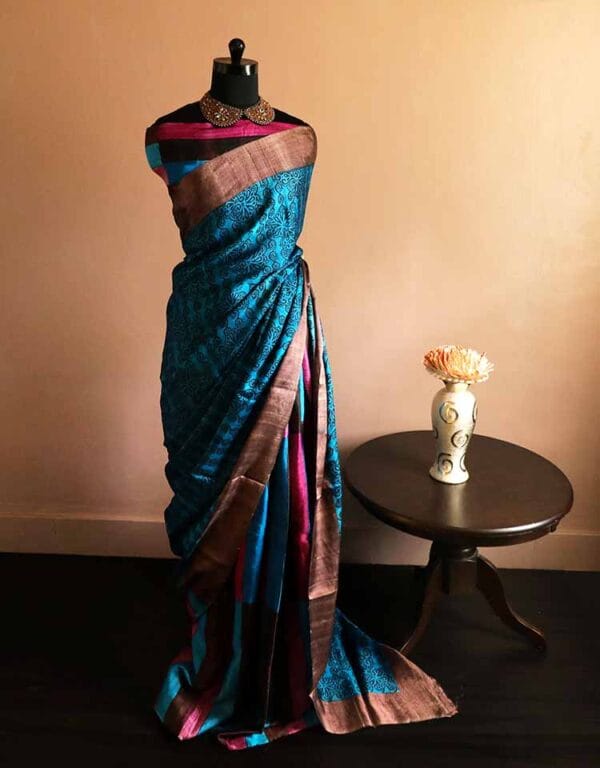 tgjkft-3 Pure Block Printed Desi Tussar Silk Saree