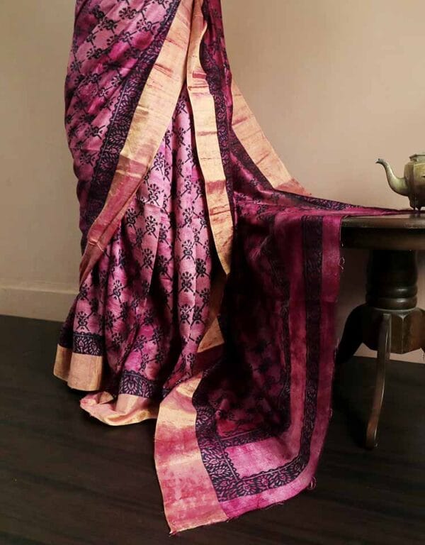 tuykfu-1 Pure Hand Block Printed Pink Duppion Silk Sarees