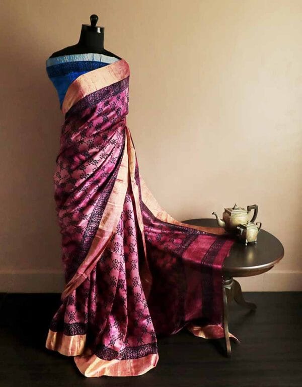 tuykfu-2 Pure Hand Block Printed Pink Duppion Silk Sarees