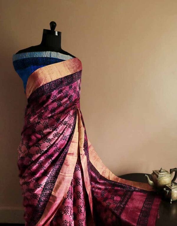 tuykfu-3 Pure Hand Block Printed Pink Duppion Silk Sarees