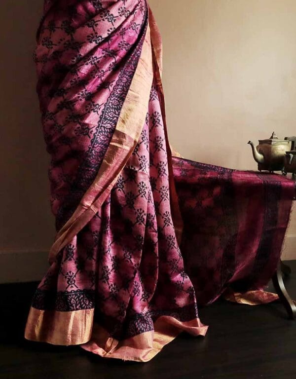tuykfu-4 Pure Hand Block Printed Pink Duppion Silk Sarees