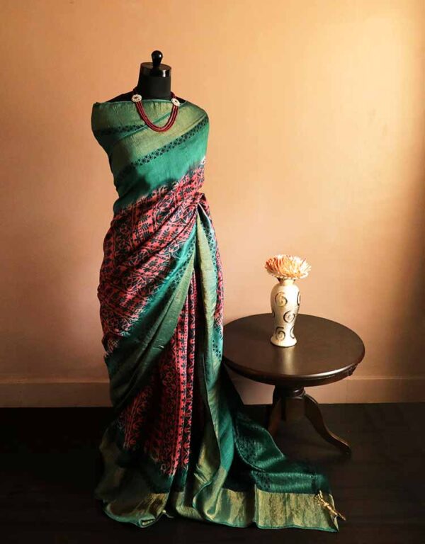 tyukju-2 Pure-Loomed Pink and Green Munga Silk Saree