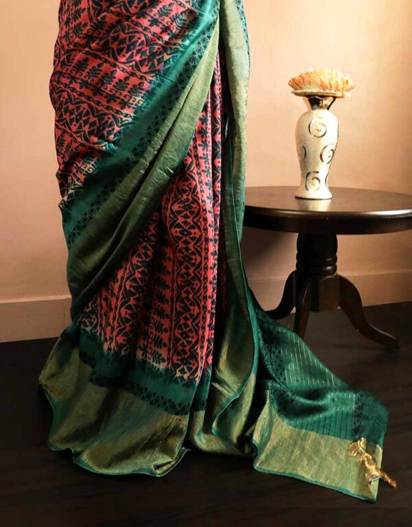 tyukju-4 Pure-Loomed Pink and Green Munga Silk Saree