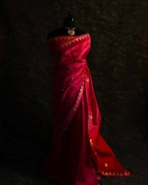Pure Hand Block Printed double-shaded red Raw Silk Saree