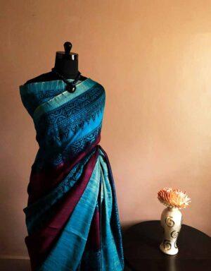 xdgfth-3 Pure-Loomed Red and Blue Munga Silk Saree