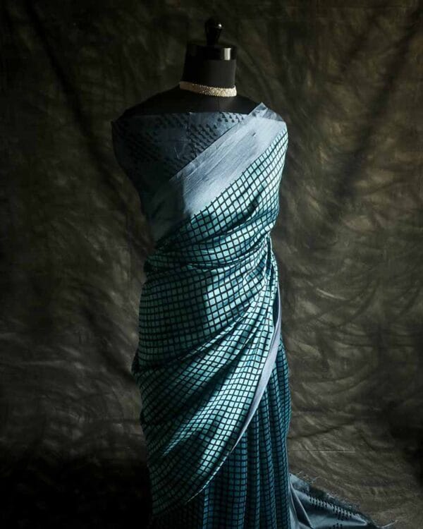 xgtdfhj-1 Pure Hand Block Printed black and silver Raw Silk Saree