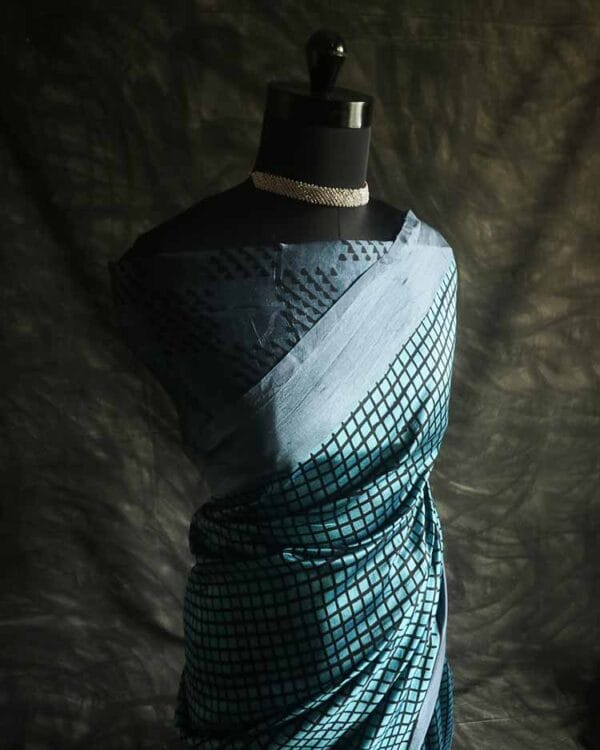xgtdfhj-2 Pure Hand Block Printed black and silver Raw Silk Saree