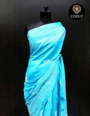 Blue Geometric Pattern Mul Cotton Saree & Best Mul Saree Deals